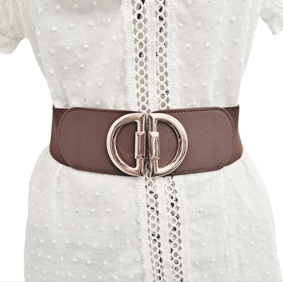 Brown elastic gold buckle corset wide cinch stretch waist statement dress Belt - Picture 4 of 12
